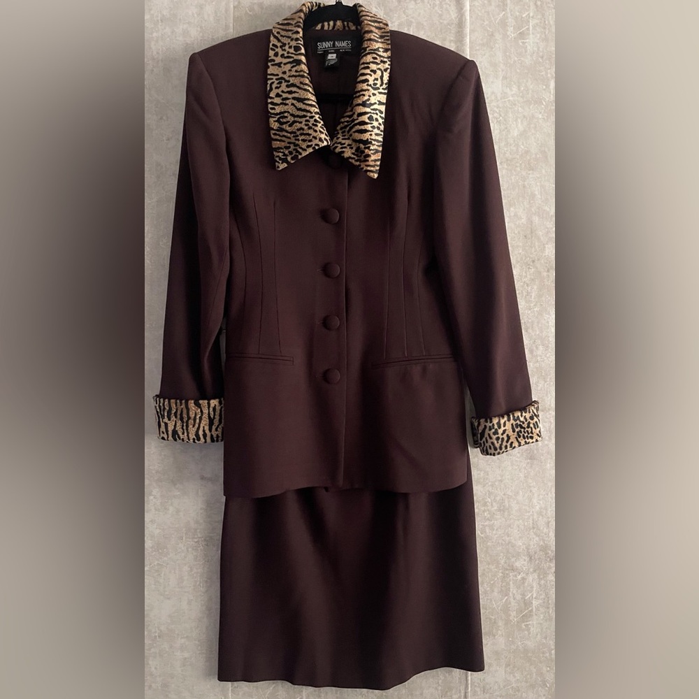 VTG Sunny Names Brown Wool 2pc Skirt Suit Jacket Leopard Print Collar Skirt 4